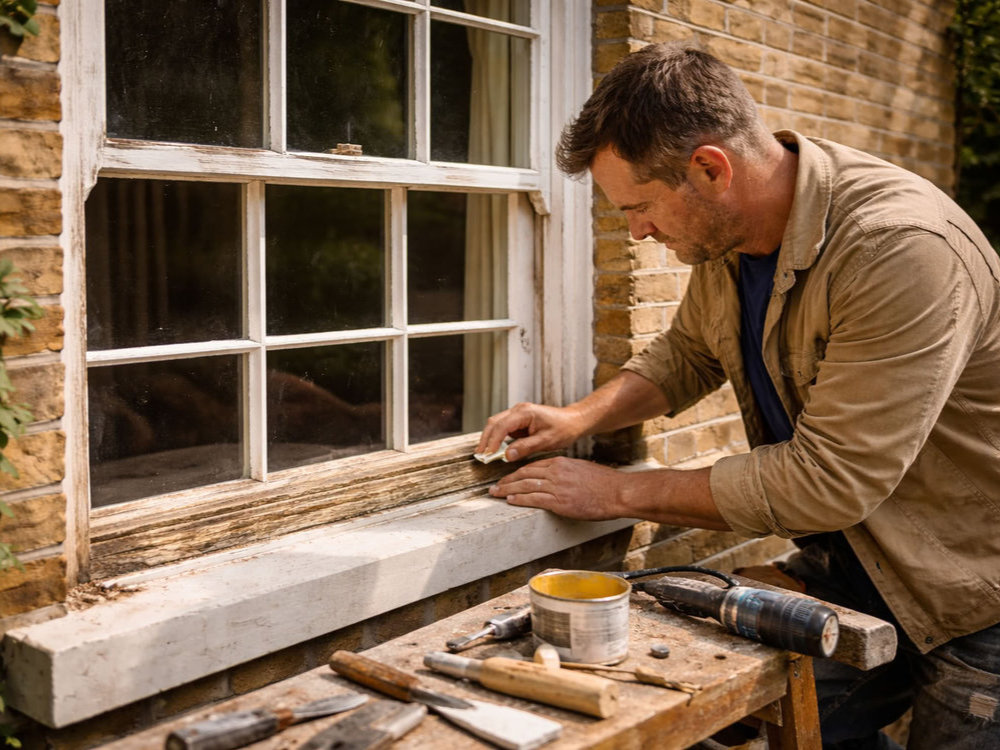 Craftsman restoring a traditional timber sash window in a London property