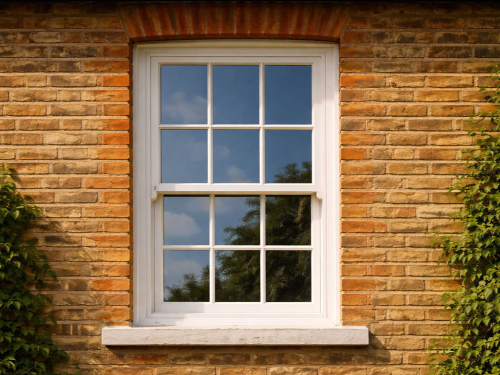 Restored timber sash window on a traditional London brick home showing long-term durability
