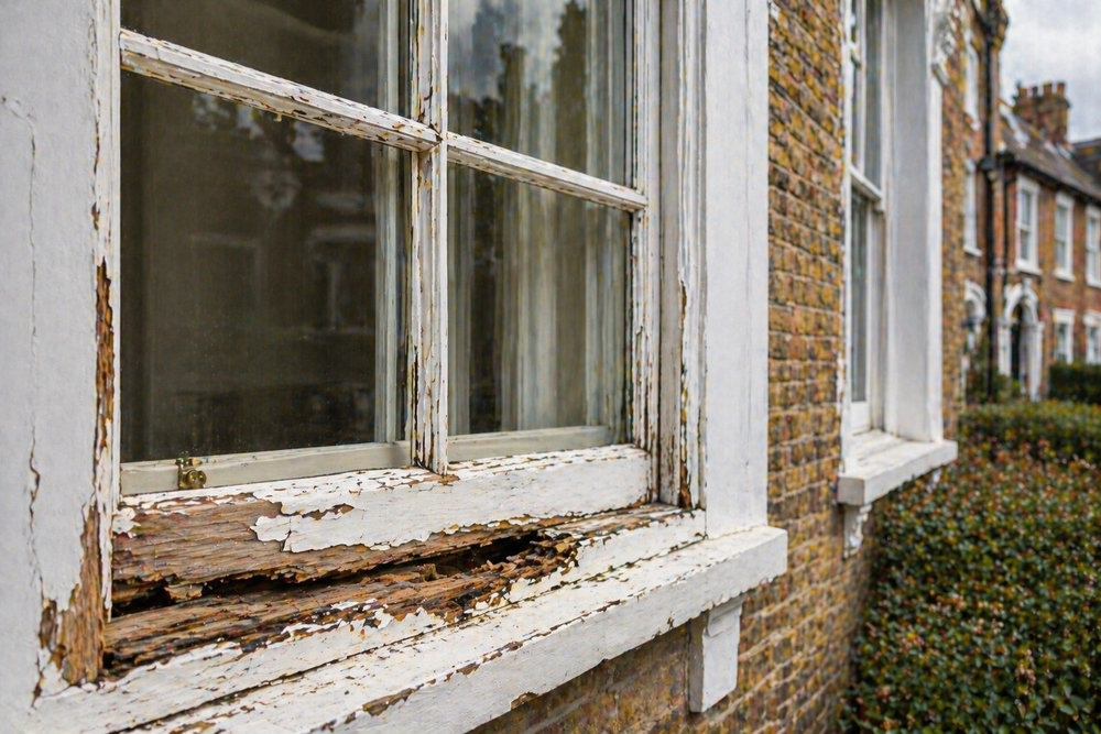 Homeowner attempting a DIY repair on a traditional timber sash window